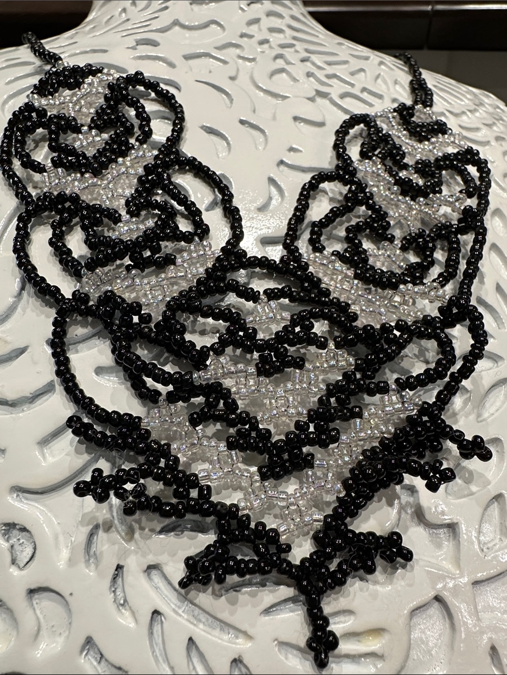 Handcrafted Black and Clear Beaded Statement Necklace - Picture 6 of 7